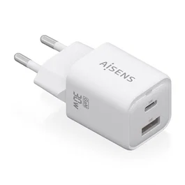 AISENS Cargador GaN 30W con 1xUSB-C PD3.0 y 1xUSB-A QC3.0, Blanco