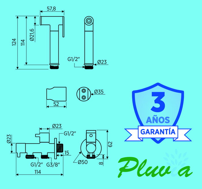 Pluvia Ducheta Conjunto Higiénico 1 Agua WC/Bidé con Flexo 1.2 m
