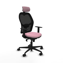 Silla de oficina Jorquera con mecanismo Sincro tapizada con Tela color Rosa y malla color Negro. Equipada con lumbar 1D, Brazos 1D, Cabecero 2D y Ruedas 65mm nailon