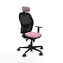Silla de oficina Jorquera con mecanismo Sincro tapizada con Tela color Rosa y malla color Negro. Equipada con lumbar 1D, Brazos 1D, Cabecero 2D y Ruedas 65mm nailon