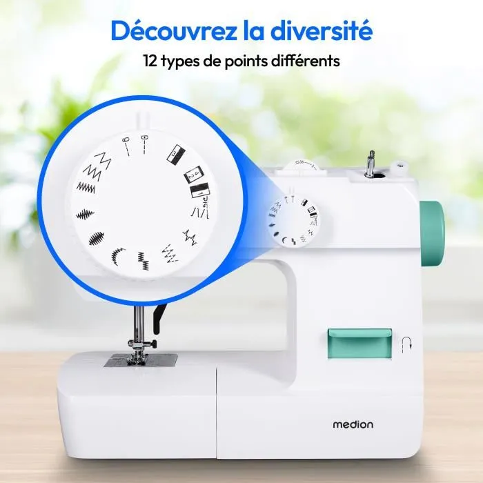 Medion MED4061275230734 Máquina de Coser, 71W, 12 Puntadas, 700 rpm, LED, Turquesa