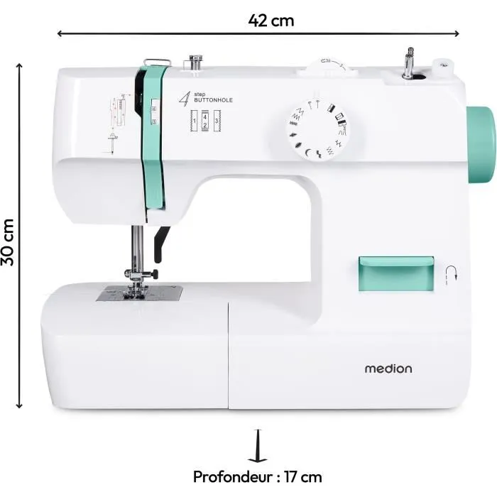 Medion MED4061275230734 Máquina de Coser, 71W, 12 Puntadas, 700 rpm, LED, Turquesa