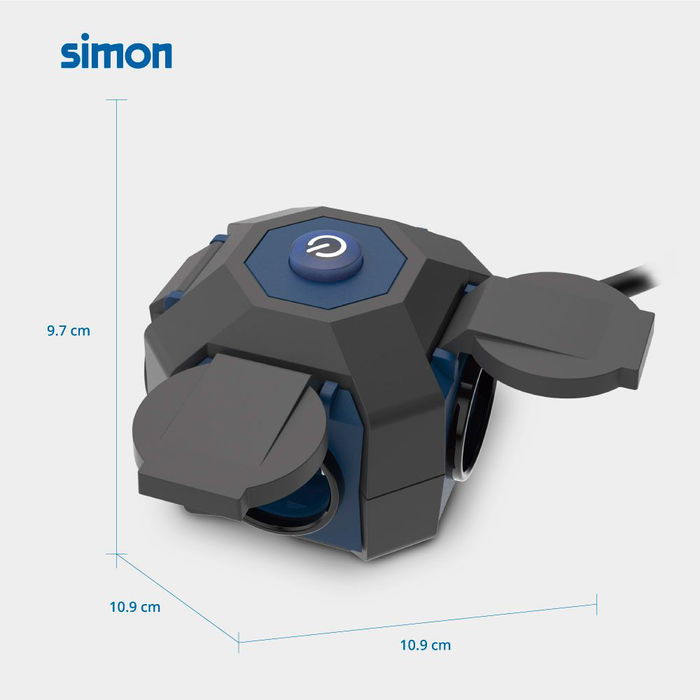 Simon - Base múltiple 4 Tomas Schuko, Interruptor, IP44, Cable 1.5m H07RN-F 3G1.5 mm², 16A 230V~, Color Negro/Azul