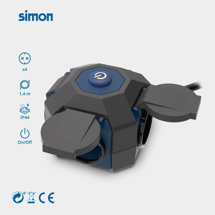 Simon - Base múltiple 4 Tomas Schuko, Interruptor, IP44, Cable 1.5m H07RN-F 3G1.5 mm², 16A 230V~, Color Negro/Azul