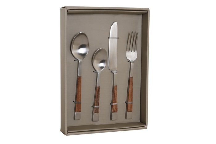 DKD Home Decor Set de Cubertería Inox y Acacia de 16 Piezas Natural y Plateado