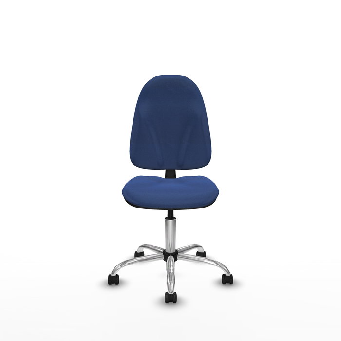 Silla de oficina Algarra con mecanismo Contacto permanente básico tapizada con Tela color Azul marino. Equipada con Base cromada, Sin brazos y Ruedas autofrenantes