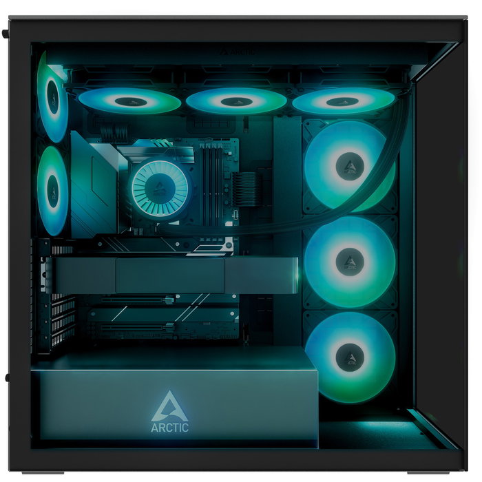 ARCTIC Xtender Torre Gaming Midi PC con Ventana de Vidrio Templado Negro, Refrigeración Líquida, RGB, EATX, Hasta GPU 48.2 cm, Sin Fuente