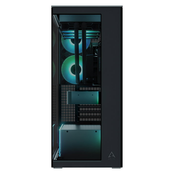 ARCTIC Xtender Torre Gaming Midi PC con Ventana de Vidrio Templado Negro, Refrigeración Líquida, RGB, EATX, Hasta GPU 48.2 cm, Sin Fuente