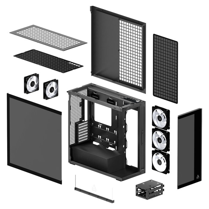 ARCTIC Xtender Torre Gaming Midi PC con Ventana de Vidrio Templado Negro, Refrigeración Líquida, RGB, EATX, Hasta GPU 48.2 cm, Sin Fuente