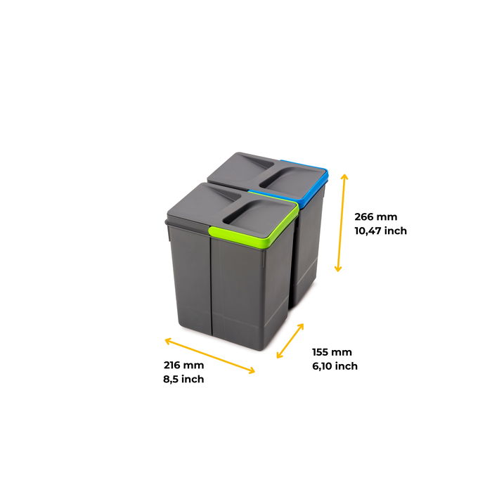 Emuca Kit de contenedores de reciclaje para cajón de cocina Recycle altura 266mm, 2x7litros, Plástico gris antracita