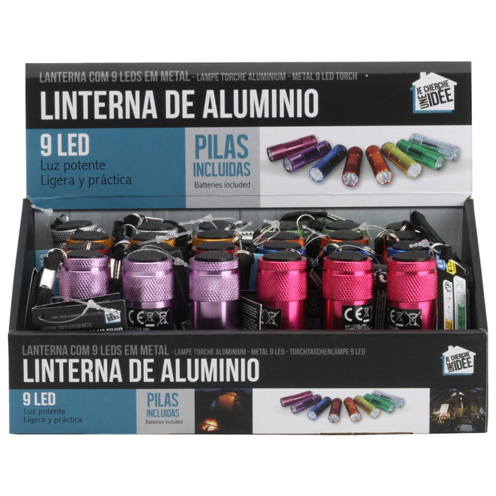 Je cherche une Idee Linterna 8,8 cm - Linterna 9 LED Surtida de Aluminio con Correa - Colores: Lila, Verde, Rosa, Gris, Azul, Rojo, Naranja, Plata - Incluye 3 Pilas AAA