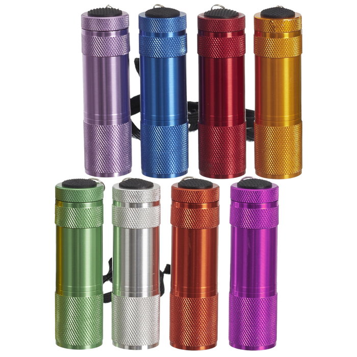 Je cherche une Idee Linterna 8,8 cm - Linterna 9 LED Surtida de Aluminio con Correa - Colores: Lila, Verde, Rosa, Gris, Azul, Rojo, Naranja, Plata - Incluye 3 Pilas AAA