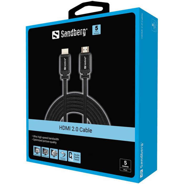Sandberg Cable HDMI 2.0 5 metros - Cable HDMI 19M-19M para Sonido Cristalino y Video de Alta Resolución en Televisores, Consolas, Proyectores y Dispositivos de Streaming