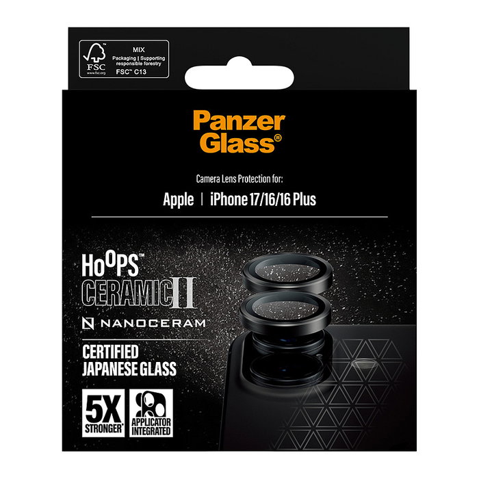 PanzerGlass Panzerglass CERAMIC II Protector de Pantalla de Lente de Cámara para iPhone 17, iPhone 16, 16 Plus - Vidrio Templado Reciclado, Negro, 1 Pieza