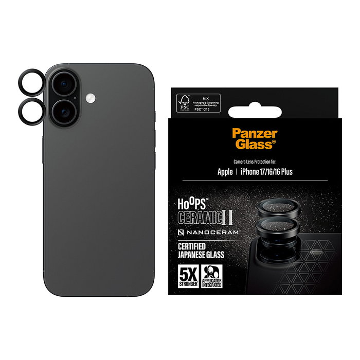 PanzerGlass Panzerglass CERAMIC II Protector de Pantalla de Lente de Cámara para iPhone 17, iPhone 16, 16 Plus - Vidrio Templado Reciclado, Negro, 1 Pieza