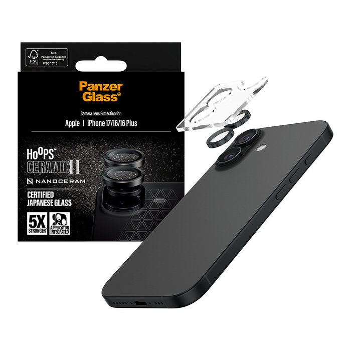 PanzerGlass Panzerglass CERAMIC II Protector de Pantalla de Lente de Cámara para iPhone 17, iPhone 16, 16 Plus - Vidrio Templado Reciclado, Negro, 1 Pieza