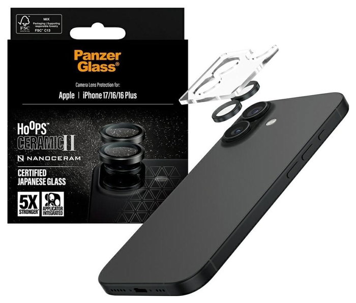 PanzerGlass Hoops Ceramic II Protector de Lente de Cámara para iPhone 17, iPhone 16 y iPhone 16 Plus - Negro PanzerGlass Hoops Ceramic II Protector de Lente de Cámara para iPhone 17, iPhone 16 y iPhone 16 Plus - Negro