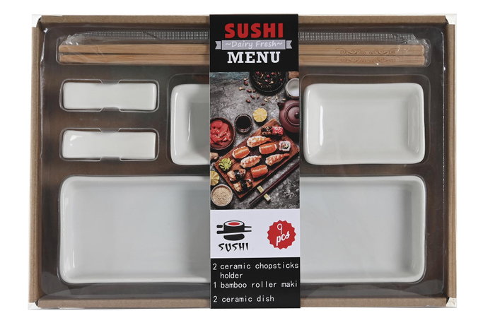 DKD Home Decor Sushi Set de 7 piezas en Gres y Bambú, Blanco y Natural DKD Home Decor Sushi Set de 7 piezas en Gres y Bambú, Blanco y Natural