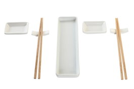 DKD Home Decor Sushi Set de 7 piezas en Gres y Bambú, Blanco y Natural