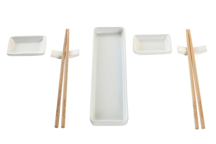 DKD Home Decor Sushi Set de 7 piezas en Gres y Bambú, Blanco y Natural DKD Home Decor Sushi Set de 7 piezas en Gres y Bambú, Blanco y Natural
