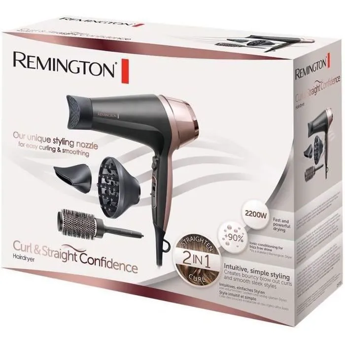 Remington D5706 Secador de Pelo Iónico Curl Confidence 2200W, Cepillo 45mm, Cerámica, Ligero y Silencioso