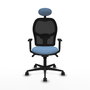 Silla de oficina Jorquera con mecanismo Sincro tapizada con Tela color Azul cielo y malla color Negro. Equipada con lumbar 1D, Brazos 1D, Cabecero Fijo y Ruedas 65mm nailon