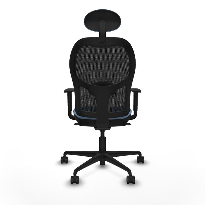 Silla de oficina Jorquera con mecanismo Sincro tapizada con Tela color Azul cielo y malla color Negro. Equipada con lumbar 1D, Brazos 1D, Cabecero Fijo y Ruedas 65mm nailon