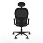 Silla de oficina Jorquera con mecanismo Sincro tapizada con Tela color Azul cielo y malla color Negro. Equipada con lumbar 1D, Brazos 1D, Cabecero Fijo y Ruedas 65mm nailon