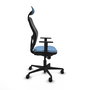 Silla de oficina Jorquera con mecanismo Sincro tapizada con Tela color Azul cielo y malla color Negro. Equipada con lumbar 1D, Brazos 1D, Cabecero Fijo y Ruedas 65mm nailon