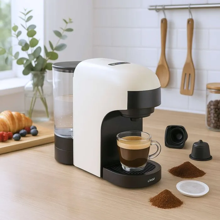 Livoo Cafetera Multicápsula DOD217C 4 en 1, 1400W, 7 Niveles de Intensidad de Café y Crema, para Cápsulas Compatibles