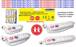SIFER PRO Prolongador Base Múltiple 4 Tomas con 1,5 m de Cable