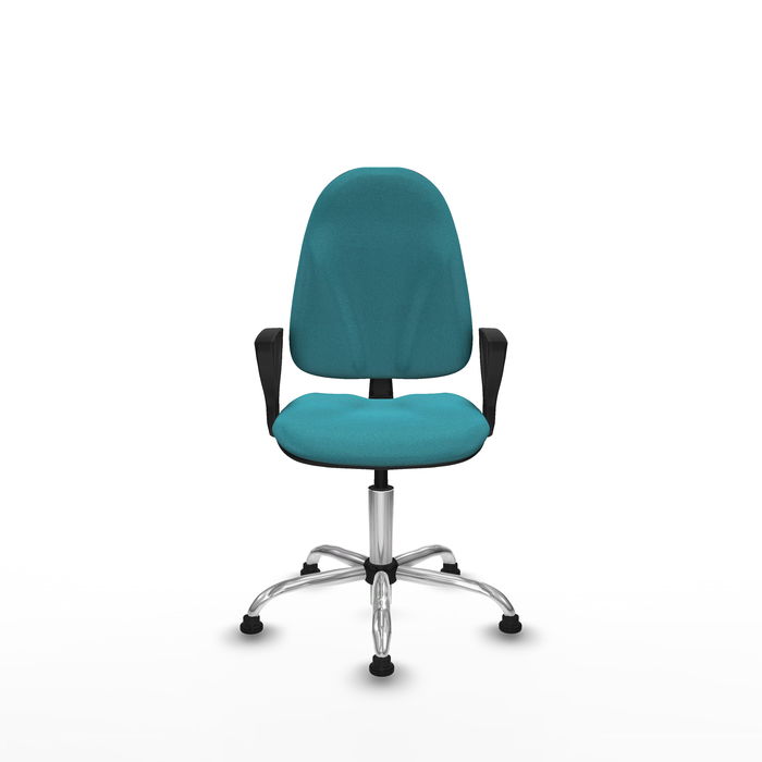 Silla de oficina Algarra con mecanismo Contacto permanente básico tapizada con Tela color Turquesa. Equipada con Base cromada, Brazos fijosy Topes