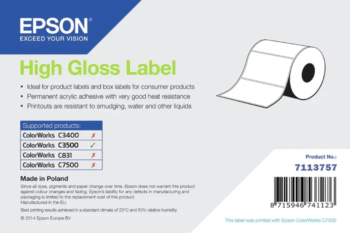 Epson Etiquetas Autoadhesivas High Gloss para Impresoras de Inyección, Rodillo Troquelado 250 Unidades, 7.6x12.7 cm, Adhesivo Permanente Acrílico, Compatible ColorWorks C3500