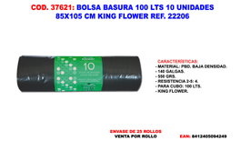 King Flower Bolsa de Basura 120 L Negra, 10 Unidades