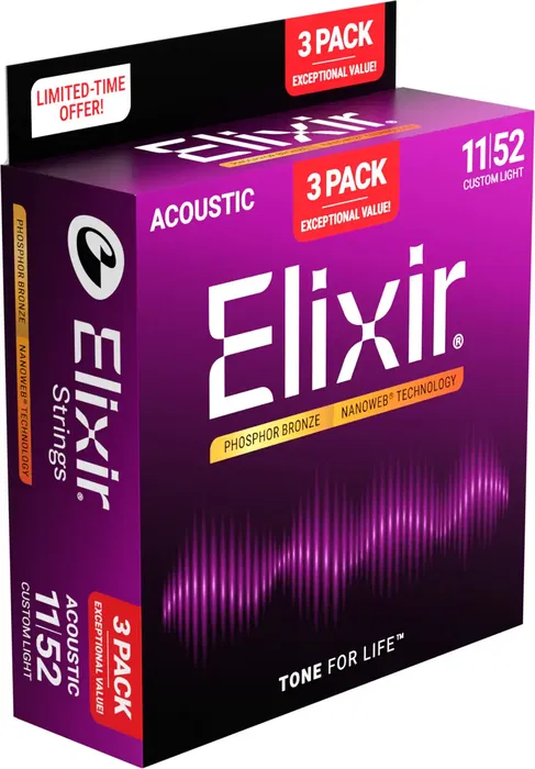 Elixir Nanoweb Phosphor Bronze Custom Light 11-52 Pack de 3 Juegos de Cuerdas de Guitarra Acústica