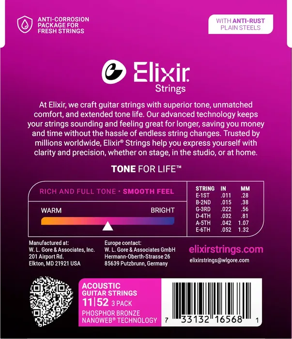 Elixir Nanoweb Phosphor Bronze Custom Light 11-52 Pack de 3 Juegos de Cuerdas de Guitarra Acústica