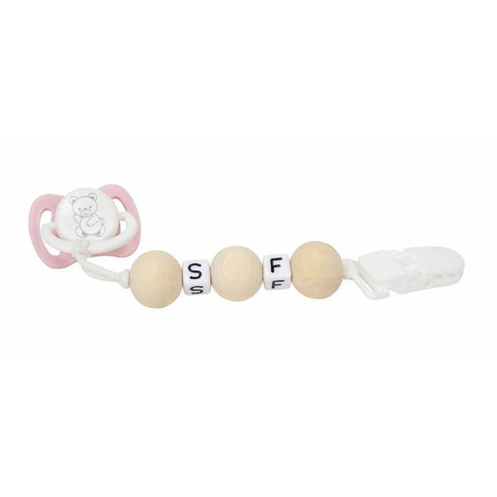Muñecas Arias Set Chupete Rosa/Blanco con Cadena de Bolas de Madera y Pinza Blanca Muñecas Arias Set Chupete Rosa/Blanco con Cadena de Bolas de Madera y Pinza Blanca