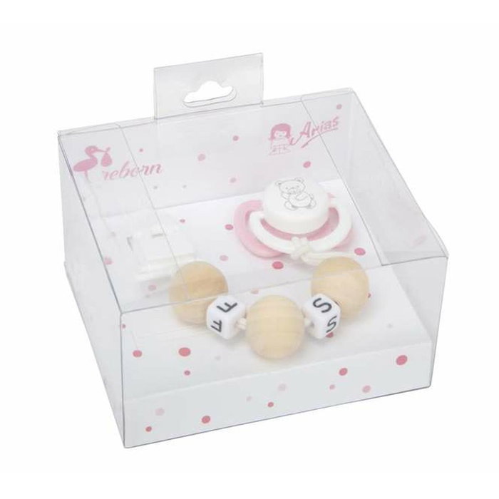 Muñecas Arias Set Chupete Rosa/Blanco con Cadena de Bolas de Madera y Pinza Blanca Muñecas Arias Set Chupete Rosa/Blanco con Cadena de Bolas de Madera y Pinza Blanca