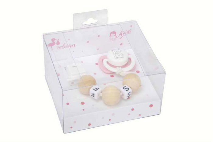 Muñecas Arias Set Chupete Rosa/Blanco con Cadena de Bolas de Madera y Pinza Blanca