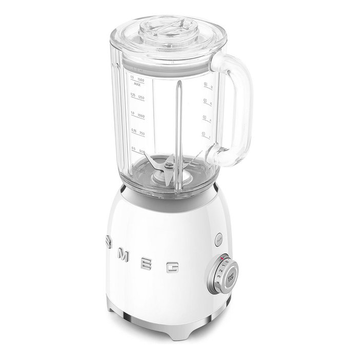 Smeg BLF03WHEU Batidora de Vaso 1.5L, 800W, Color Blanco, Función Picahielos e Impulso, Sistema de Autolavado, 4 Velocidades y 4 Cuchillas de Acero Inoxidable