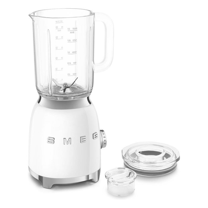 Smeg BLF03WHEU Batidora de Vaso 1.5L, 800W, Color Blanco, Función Picahielos e Impulso, Sistema de Autolavado, 4 Velocidades y 4 Cuchillas de Acero Inoxidable