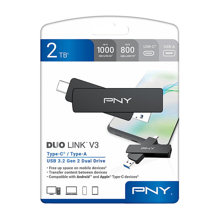 PNY DUO LINK V3 USB Flash 2 TB OTG Negro, USB 3.2 Gen 2 Type-A/Type-C, Lectura 1000 MB/s