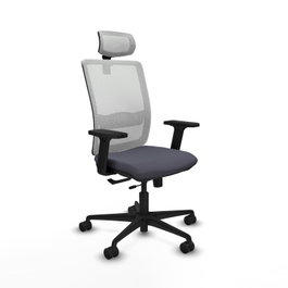 Silla de oficina Haches con mecanismo Sincro/Traslack tapizada con Tela color Gris oscuro y malla color Blanco. Equipada con lumbar 1D, Brazos 2D, Cabecero 2D y Ruedas 65mm nailon
