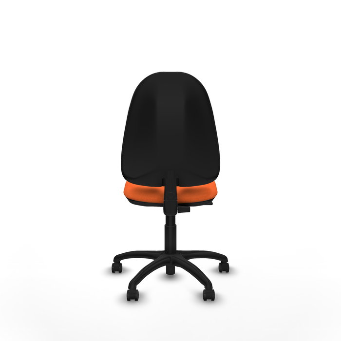 Silla de oficina Algarra con mecanismo Contacto permanente básico tapizada con Tela color Naranja. Equipada con Base poliamida negra, Sin brazos y Ruedas de parqué