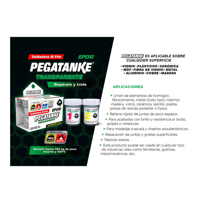 Pegatanke Pegamento Epoxico Bicomponente Transparente 32ml - Alta Resistencia, Pega Bajo Agua