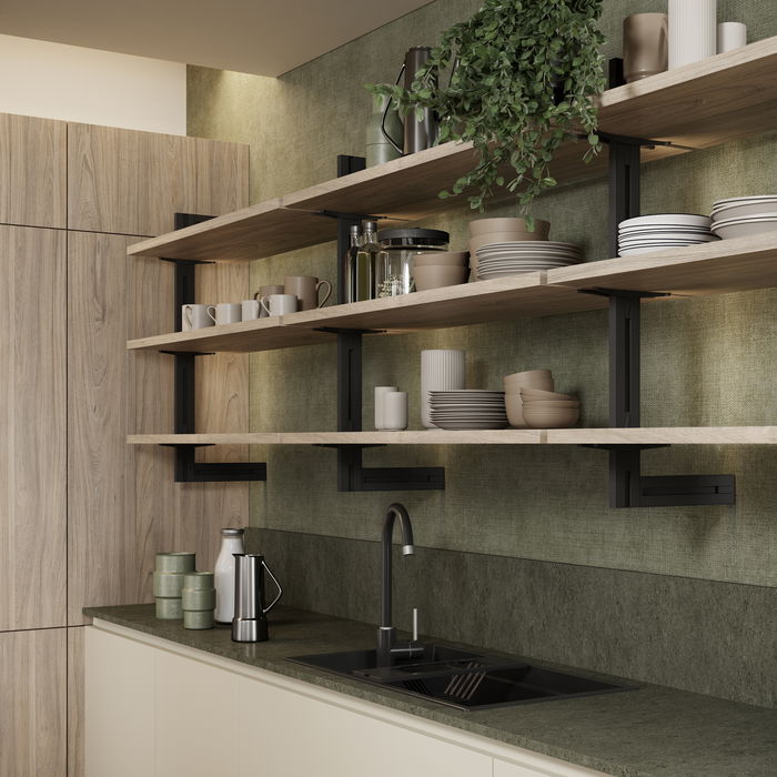 Emuca Kit de estructura modular Zero con herrajes para el montaje de fijación a pared, Aluminio y Zamak, Pintado negro texturizado