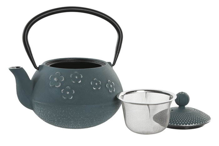DKD Home Decor Tetera Oriental Azul 800ml Hierro Colado/Inox Apta Inducción, Vitrocerámica y Gas