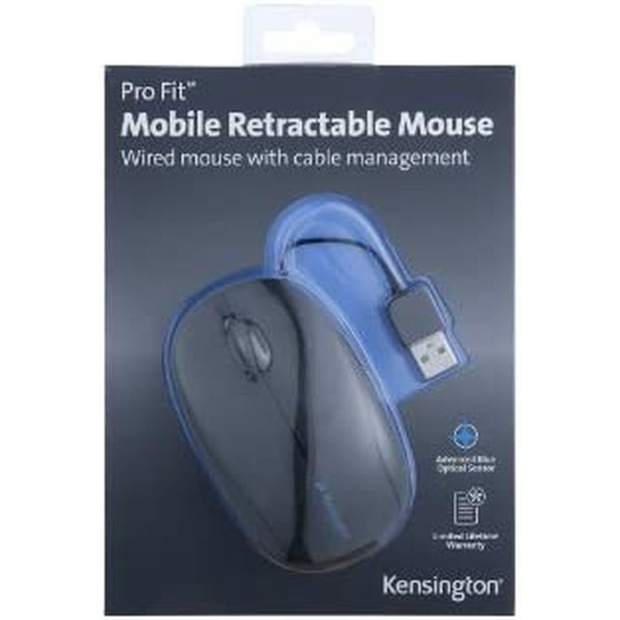 Kensington Pro Fit Ratón Óptico Ambidextro con Cable Retráctil USB, Negro