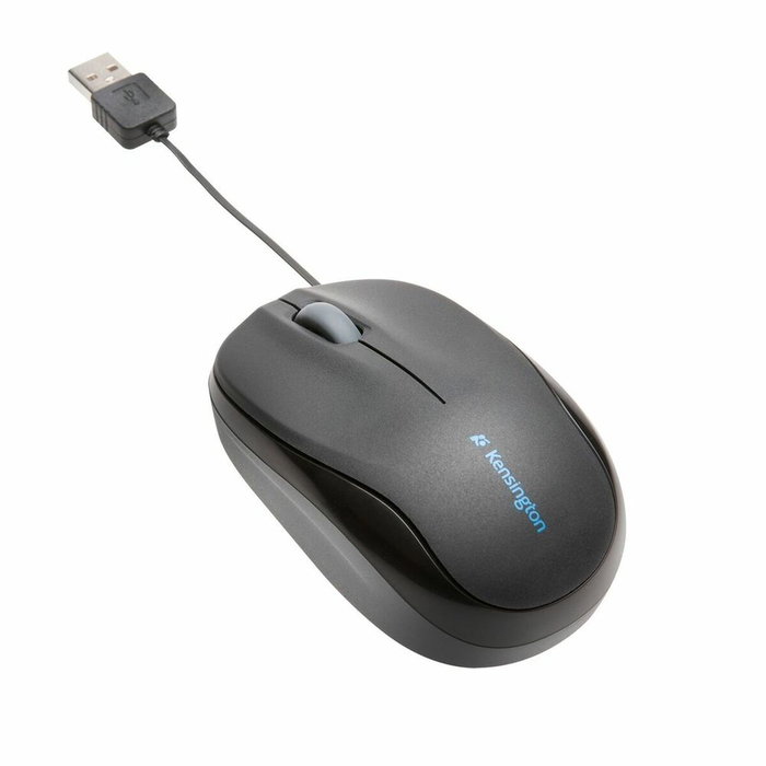Kensington Pro Fit Ratón Óptico Ambidextro con Cable Retráctil USB, Negro