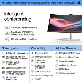 HP Series 7 Pro 734pm Monitor de Conferencias WQHD de 34 pulgadas Curvo Silver